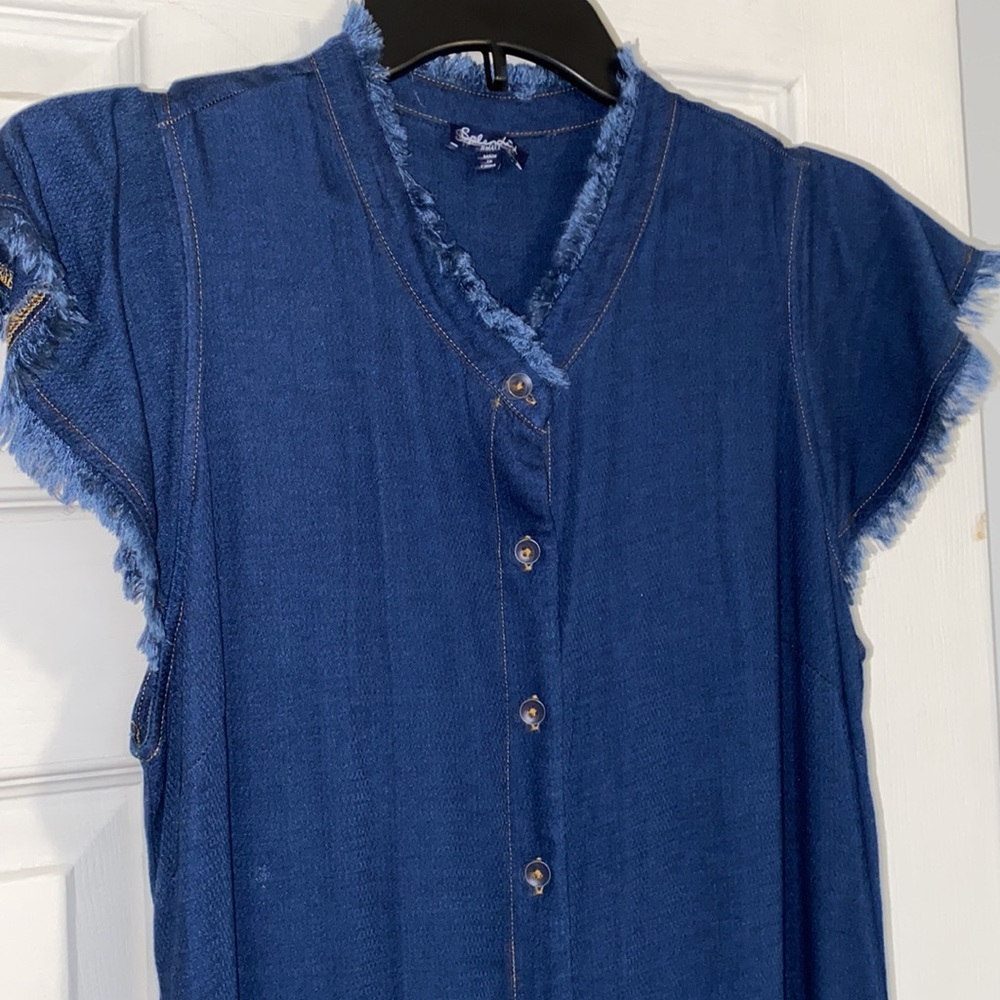 Splendid Blue Frayed Wide Leg Chambray Denim Jumpsuit NWOT - Picture 5 of 12